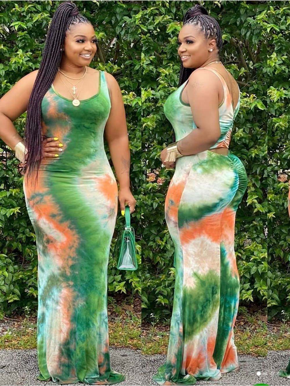 Tie-Dye Scoop Neck Maxi Dress in Green & Orange